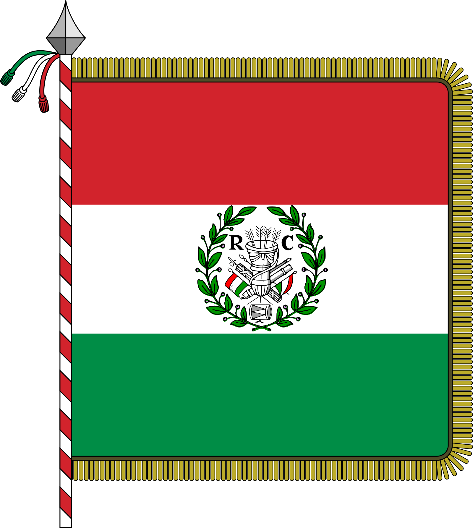 The 1797 flag of the Cispadane Republic: horizontal bands of red, white and green, with a central emblem showing a quiver of four arrows in a laurel wreath flanked by the initials R and C.